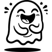 Halloween ghost laughs happily and holds his hands to his stomach in monochrome. Simple minimalistic in black ink drawing on white background vector