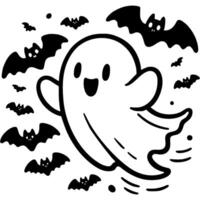 Halloween ghost flies among flock of bats in monochrome. Simple minimalistic in black ink drawing on white background vector