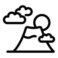 Volcano erupting with clouds and sun behind line art icon vector