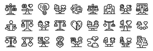 Brain heart balance icons set. Work life balance icons set in thin line style vector