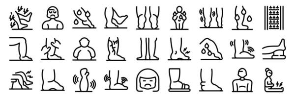 Edema icons set. Patients with leg problems experiencing pain and discomfort in different situations vector