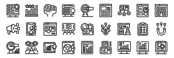 SEM icons set. Marketing team creating successful sem campaign using diverse strategies vector