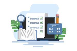 Online exam platform concept with big computer and testing site. Online Education. education concept. choose answers for exam tests and achieve good results. flat illustration on background. vector
