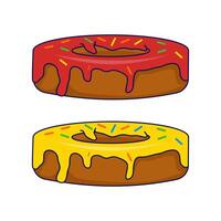 Donut concept with different toppings. Cartoon donuts with different toppings, delicious sweet dessert. Top view donuts with chocolate glaze and sprinkles, flat illustration. vector