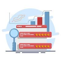Concept of search analysis, marketing tools, website traffic, marketing reports, analytics analyzing site data and studying graphs on screen and developing strategies. flat illustration. vector