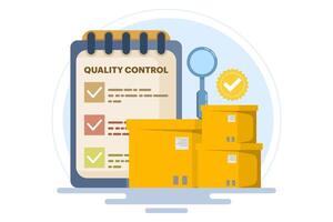the concept of quality control assurance, QC to check quality and provide certification or approval, processes to ensure product excellence and service delivery. flat illustration. vector