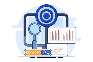 The concept of targeted keywords for SEO, specific words or phrases selected to attract relevant search traffic and improve search engine rankings for web content. SEO targeted keywords with icons. vector