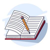 School Object Concept. Open Book and Pencil. Open book icon. top view of notebook, hard cover diary paper, pencil. Educational objects, magazine articles, dictionary pages. illustration. vector