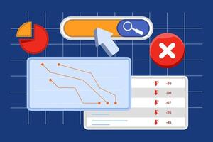 The concept of SEO errors, errors in website search optimization that have a negative impact on search engine rankings, keyword stuffing, duplicate content, missing SEO meta tags, or broken links. vector