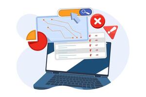 The concept of SEO errors, errors in website search optimization that have a negative impact on search engine rankings, keyword stuffing, duplicate content, missing SEO meta tags, or broken links. vector
