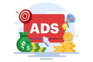concept of Pay per click, PPC, paid advertising campaign displays ads on websites that generate revenue for publishers, Advertising or advertising, Promoting a brand to an audience, internet. vector