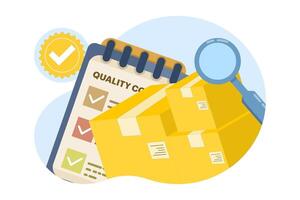 the concept of quality control assurance, QC to check quality and provide certification or approval, processes to ensure product excellence and service delivery. flat illustration. vector