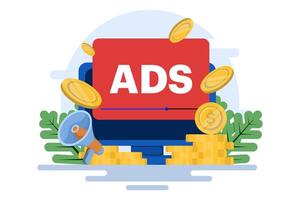 concept of Pay per click, PPC, paid advertising campaign displays ads on websites that generate revenue for publishers, Advertising or advertising, Promoting a brand to an audience, internet. vector