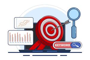 The concept of targeted keywords for SEO, specific words or phrases selected to attract relevant search traffic and improve search engine rankings for web content. SEO targeted keywords with icons. vector