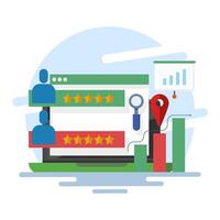 Concept of search analysis, marketing tools, website traffic, marketing reports, analytics analyzing site data and studying graphs on screen and developing strategies. flat illustration. vector