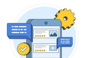 The concept of monitoring review management, analyzing customer reviews, and responding to improve reputation and customer satisfaction. Reputation management with online feedback review responses. vector