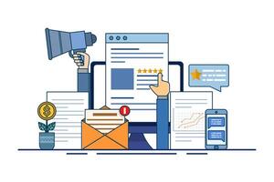 Online reputation management concept, online review management for service feedback monitoring outline. Customer satisfaction research. business brand building. digital strategy marketing path. vector