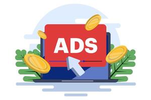concept of Pay per click, PPC, paid advertising campaign displays ads on websites that generate revenue for publishers, Advertising or advertising, Promoting a brand to an audience, internet. vector