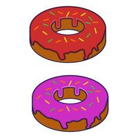 Donut concept with different toppings. Cartoon donuts with different toppings, delicious sweet dessert. Top view donuts with chocolate glaze and sprinkles, flat illustration. vector