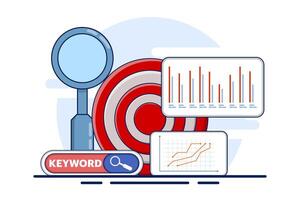 The concept of targeted keywords for SEO, specific words or phrases selected to attract relevant search traffic and improve search engine rankings for web content. SEO targeted keywords with icons. vector
