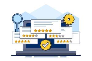 The concept of monitoring review management, analyzing customer reviews, and responding to improve reputation and customer satisfaction. Reputation management with online feedback review responses. vector