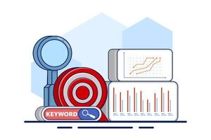 The concept of targeted keywords for SEO, specific words or phrases selected to attract relevant search traffic and improve search engine rankings for web content. SEO targeted keywords with icons. vector