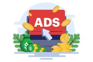 concept of Pay per click, PPC, paid advertising campaign displays ads on websites that generate revenue for publishers, Advertising or advertising, Promoting a brand to an audience, internet. vector