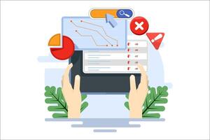 The concept of SEO errors, errors in website search optimization that have a negative impact on search engine rankings, keyword stuffing, duplicate content, missing SEO meta tags, or broken links. vector