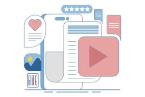 content concept for content marketing on social media. Content that attracts likes, shares, audience engagement, Content with audience reaction, illustration with icons on the background. vector