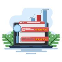 Concept of search analysis, marketing tools, website traffic, marketing reports, analytics analyzing site data and studying graphs on screen and developing strategies. flat illustration. vector