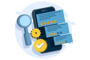 The concept of monitoring review management, analyzing customer reviews, and responding to improve reputation and customer satisfaction. Reputation management with online feedback review responses. vector