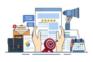 Online reputation management concept, online review management for service feedback monitoring outline. Customer satisfaction research. business brand building. digital strategy marketing path. vector