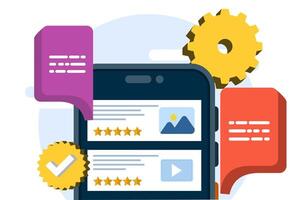 The concept of monitoring review management, analyzing customer reviews, and responding to improve reputation and customer satisfaction. Reputation management with online feedback review responses. vector