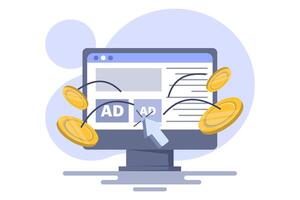 concept of Pay per click, PPC, paid advertising campaign displays ads on websites that generate revenue for publishers, Advertising or advertising, Promoting a brand to an audience, internet. vector