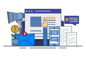 Online reputation management concept, online review management for service feedback monitoring outline. Customer satisfaction research. business brand building. digital strategy marketing path. vector