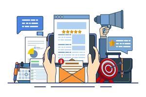 Online reputation management concept, online review management for service feedback monitoring outline. Customer satisfaction research. business brand building. digital strategy marketing path. vector