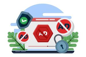 ad blocking concept, mobile ad blocker app to improve user experience. content consumption, mobile extensions for ad-free browsing, and internet privacy protection. blocks ads. vector