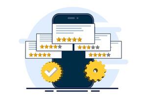 The concept of monitoring review management, analyzing customer reviews, and responding to improve reputation and customer satisfaction. Reputation management with online feedback review responses. vector