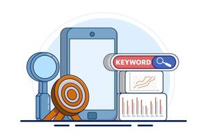 The concept of targeted keywords for SEO, specific words or phrases selected to attract relevant search traffic and improve search engine rankings for web content. SEO targeted keywords with icons. vector