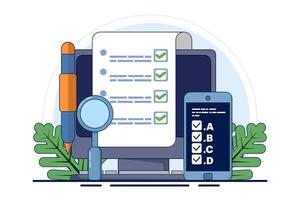 Online exam platform concept with big computer and testing site. Online Education. education concept. choose answers for exam tests and achieve good results. flat illustration on background. vector