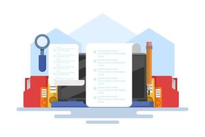 Online exam platform concept with big computer and testing site. Online Education. education concept. choose answers for exam tests and achieve good results. flat illustration on background. vector