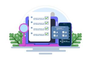 Online exam platform concept with big computer and testing site. Online Education. education concept. choose answers for exam tests and achieve good results. flat illustration on background. vector