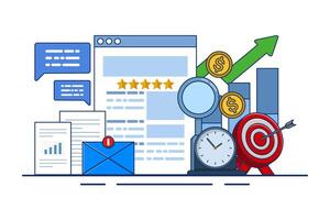 Online reputation management concept, online review management for service feedback monitoring outline. Customer satisfaction research. business brand building. digital strategy marketing path. vector
