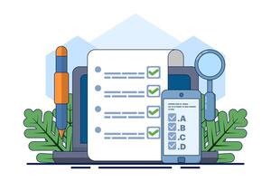 Online exam platform concept with big computer and testing site. Online Education. education concept. choose answers for exam tests and achieve good results. flat illustration on background. vector