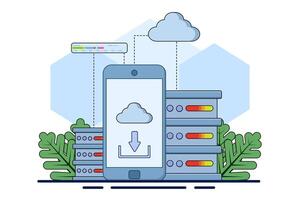 Mobile app concept of cloud storage, data backup, file sharing and online storage with secure access. Cloud synchronization with mobile devices. Digital storage with remote access with. vector