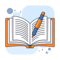 School Object Concept. Open Book and Pencil. Open book icon. top view of notebook, hard cover diary paper, pencil. Educational objects, magazine articles, dictionary pages. illustration. vector