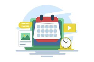 Content Calendar Concept or content planning, social media content, post scheduler, time management organization at work, conceptual landing page template with icons and text. flat illustration. vector