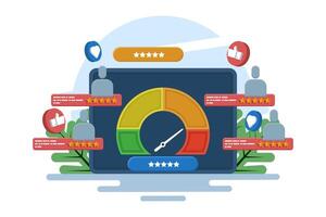 Concept of customer satisfaction indicators for products, services, consumer opinions, reviews, feedback, user experience. online survey. Testimonials, high ratings. Good quality products or services. vector
