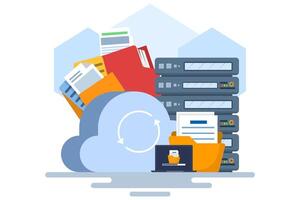 Mobile app concept of cloud storage, data backup, file sharing and online storage with secure access. Cloud synchronization with mobile devices. Digital storage with remote access with. vector