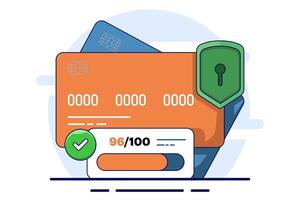 debit card security. Detect bank card fraud, unauthorized use to steal funds or make purchases. Identity theft, online fraud. Financial crime with secure transactions, phishing illustration. vector